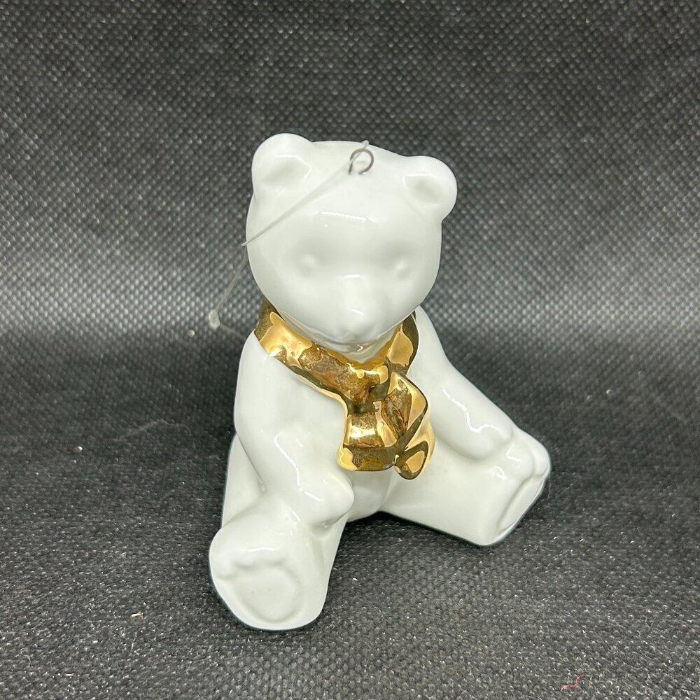 Vintage Department 56 white ceramic teddy bear Christmas ornament